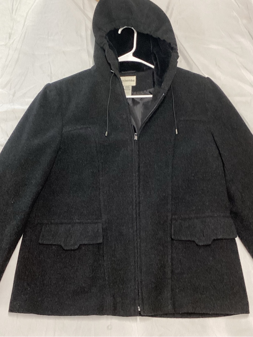 St. John's Bay Black Hooded Wool-Blend Pea Coat with Flap Pockets and Zip